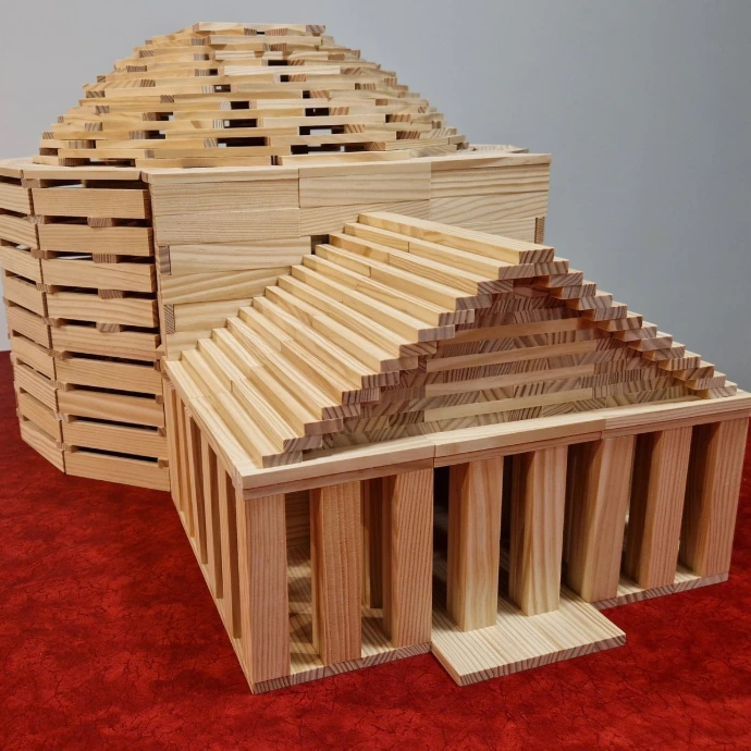 Kapla wooden plank model of Pantheon with dome and columns.