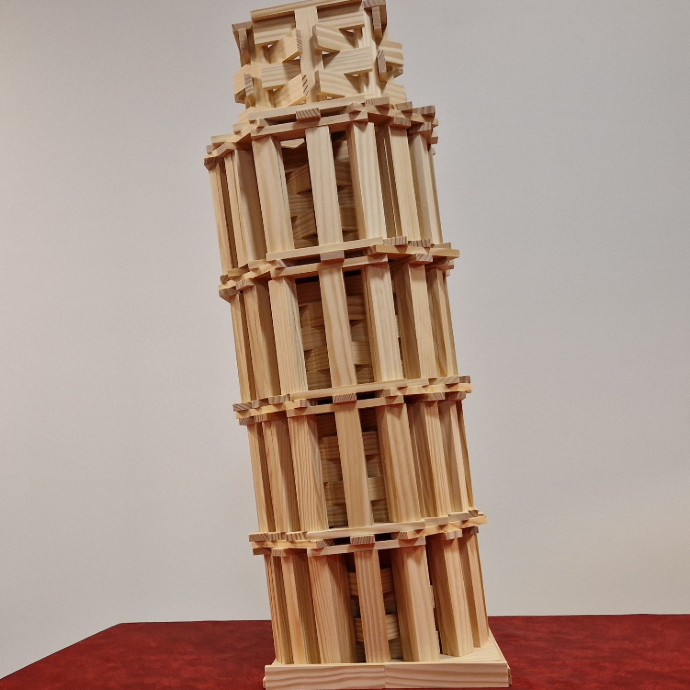 Kapla wooden plank model of Leaning Tower of Pisa tilted tower.